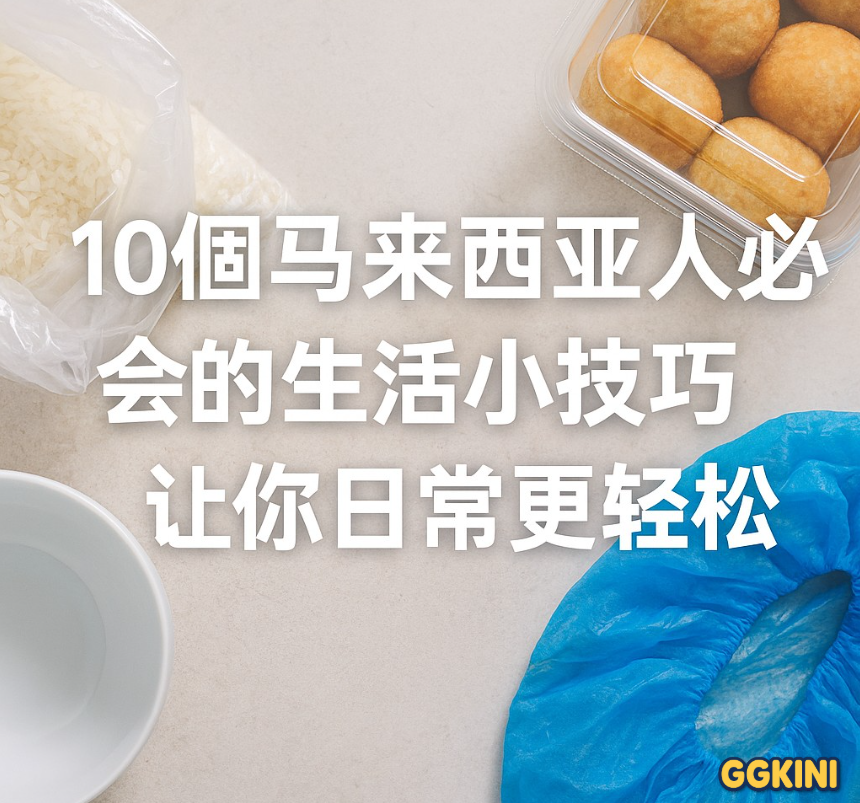 一张展示打包食物、鞋套、便利生活用品与简易收纳技巧的马来西亚日常生活场景插图，中央有中文标题文字