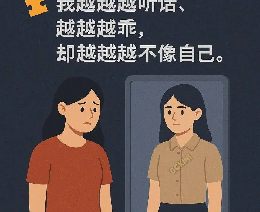 女性站在镜子前，镜中映出不同穿着和神情，象征失去自我的情感状态