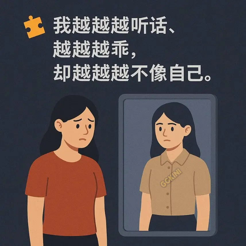 女性站在镜子前，镜中映出不同穿着和神情，象征失去自我的情感状态