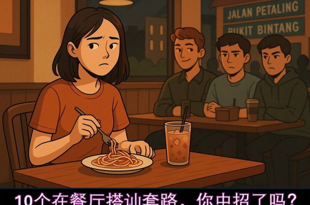 一位亚洲女生独坐于KL咖啡厅，身后几位陌生男子若有似无地偷看，营造搭讪陷阱的氛围