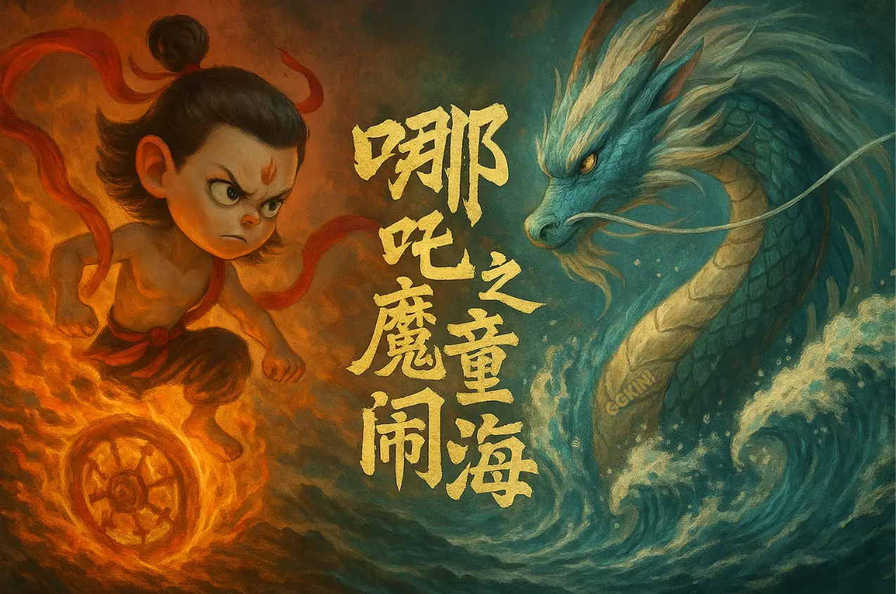 哪吒与敖丙并肩作战，背景为烈焰莲花与雷电交织的神话场景