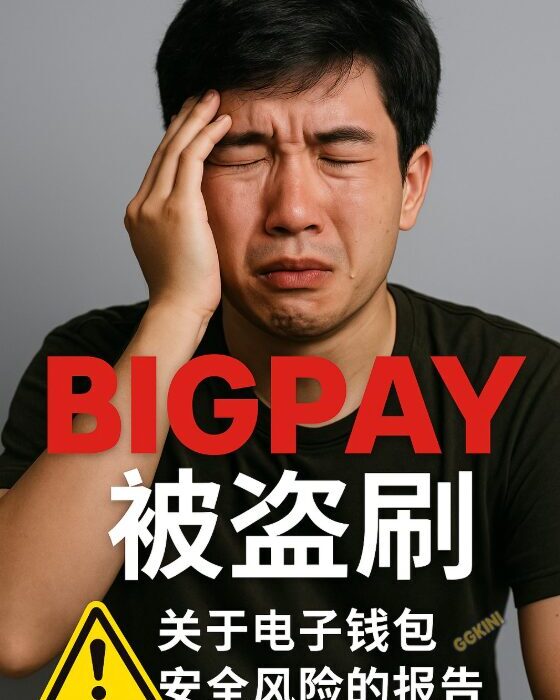 一位伤心的亚洲男子抱头哭泣，画面上有“BigPay被盗刷”中英警告字体