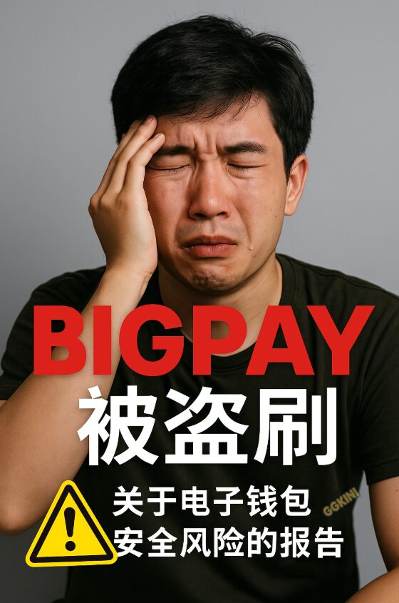 一位伤心的亚洲男子抱头哭泣，画面上有“BigPay被盗刷”中英警告字体