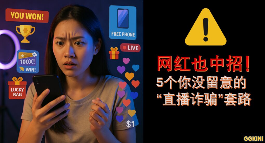 一位年轻人面对手机直播界面，神情疑惑，画面充满“中奖”、“送手机”等直播诈骗元素