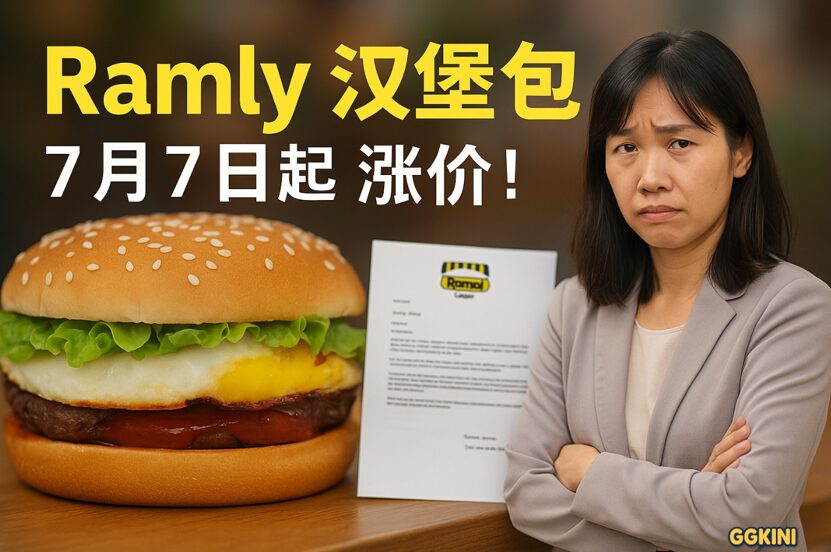 马来西亚女性在 Ramly 汉堡前露出无奈表情，背景为涨价通告与汉堡特写