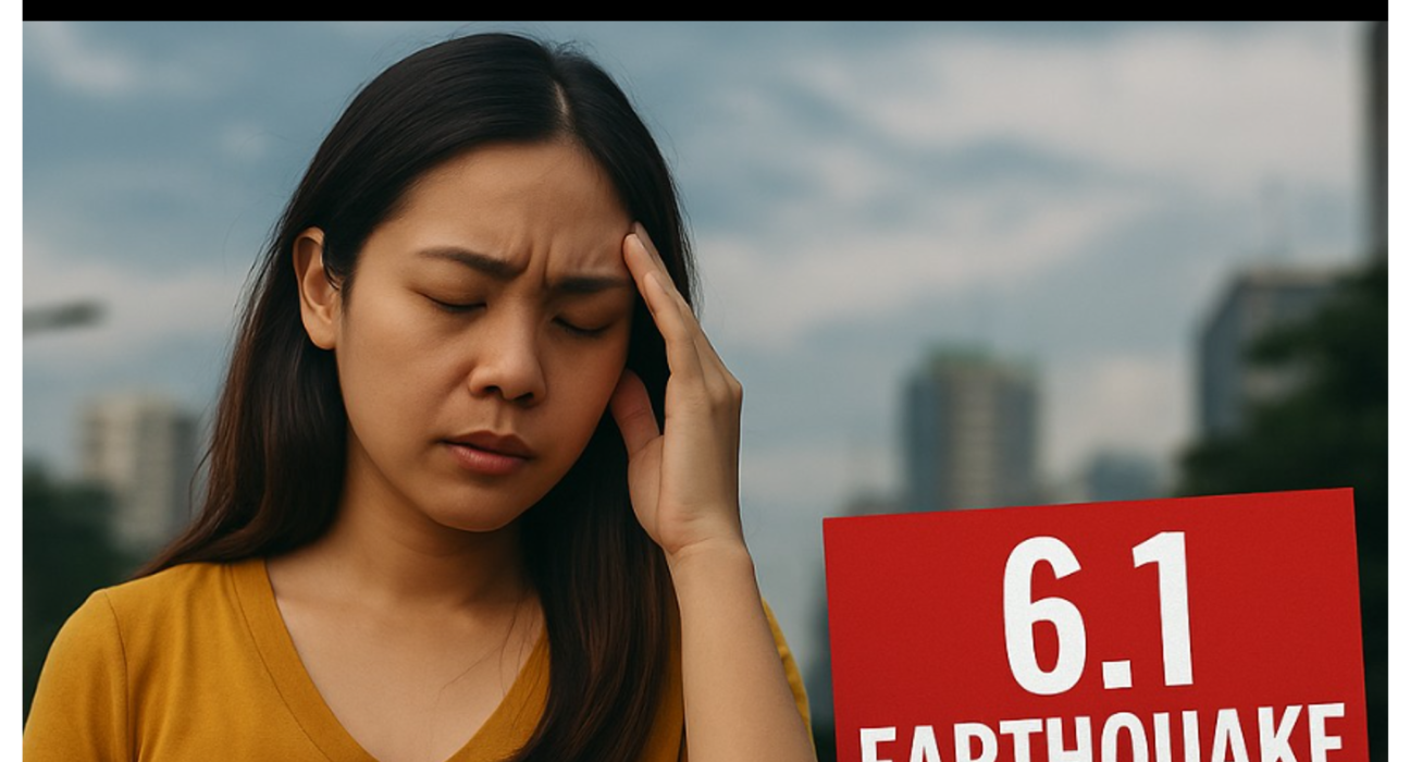 一位菲律宾女性站在街道上，神情焦虑，背景为阴天城市，强调“6.1级地震”新闻