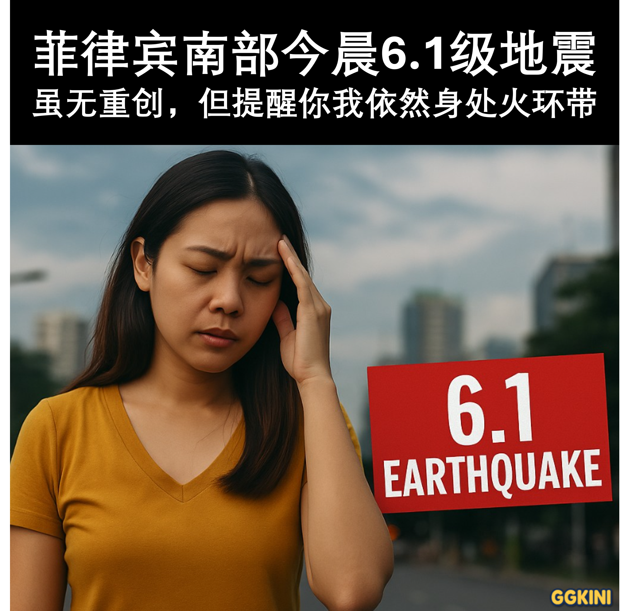 一位菲律宾女性站在街道上，神情焦虑，背景为阴天城市，强调“6.1级地震”新闻