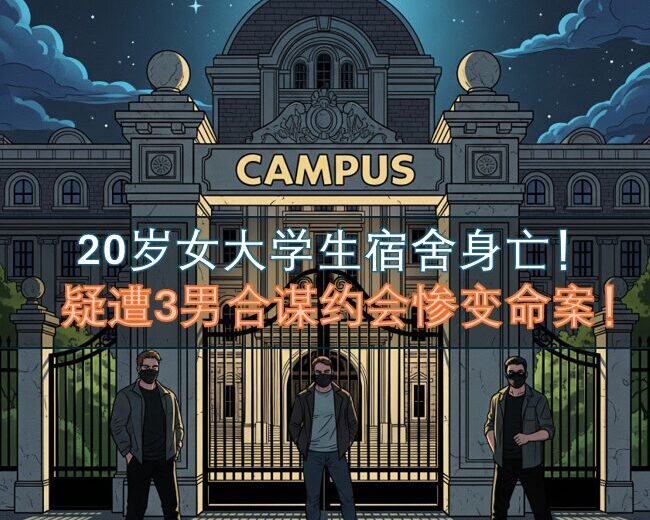 一张漫画风格的插图，描绘了夜晚校园主建筑或大门，月光下有三名戴着面具的模糊男性人影站在门外，门上写着“CAMPUS”。