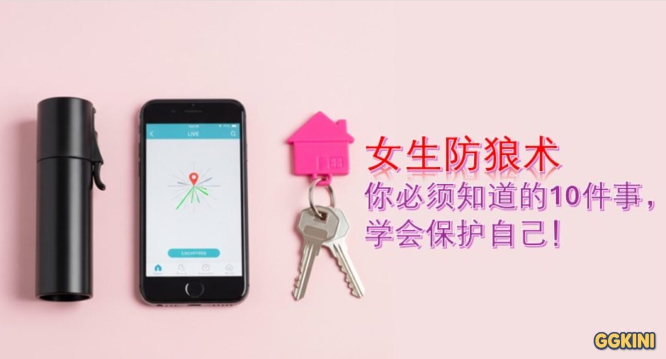 一张桌面平铺照片，展示了女生出门必备的安全物品，包括一瓶防狼喷雾、一部显示定位界面的智能手机和一套带钥匙扣的钥匙。