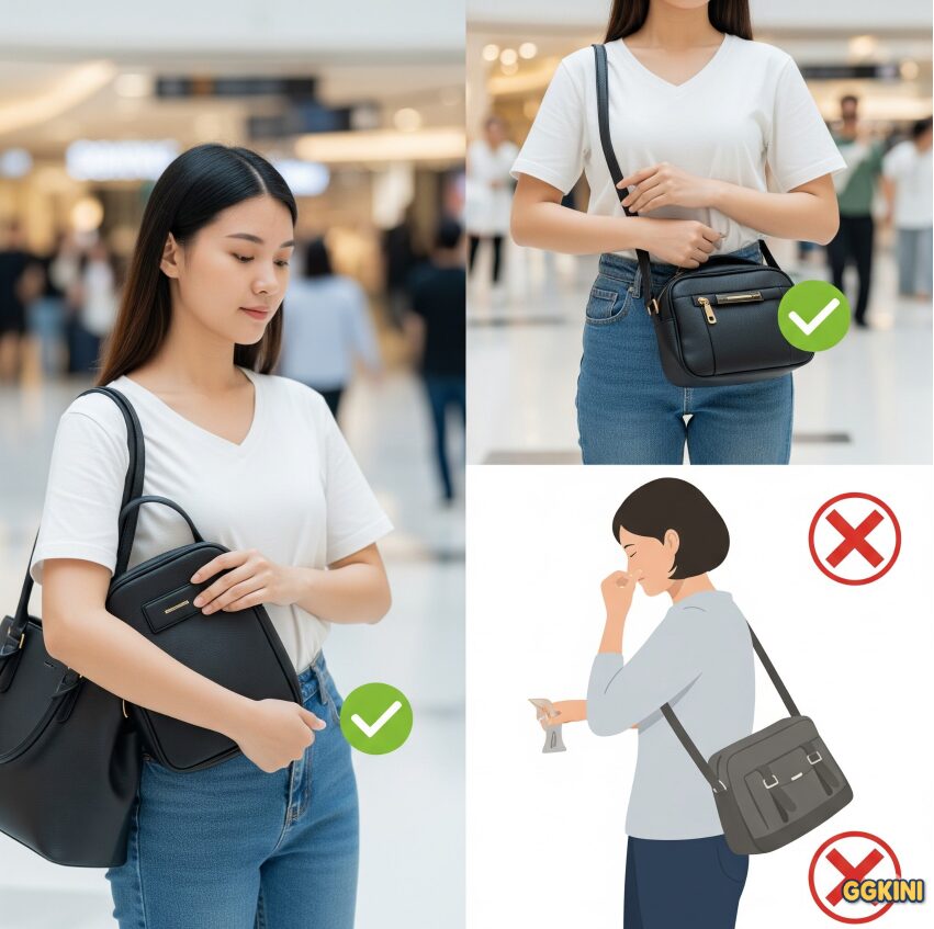 女生将斜背包靠前背,手提包朝身体内侧,安全姿势示意