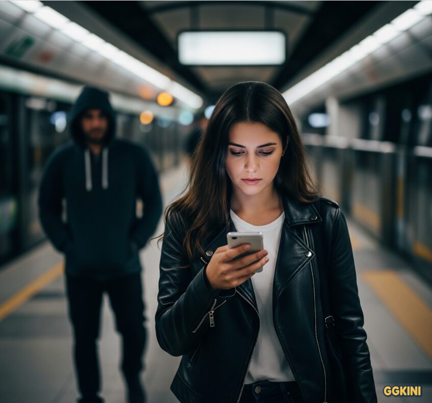 女生边走边滑手机,后方出现模糊可疑人影
