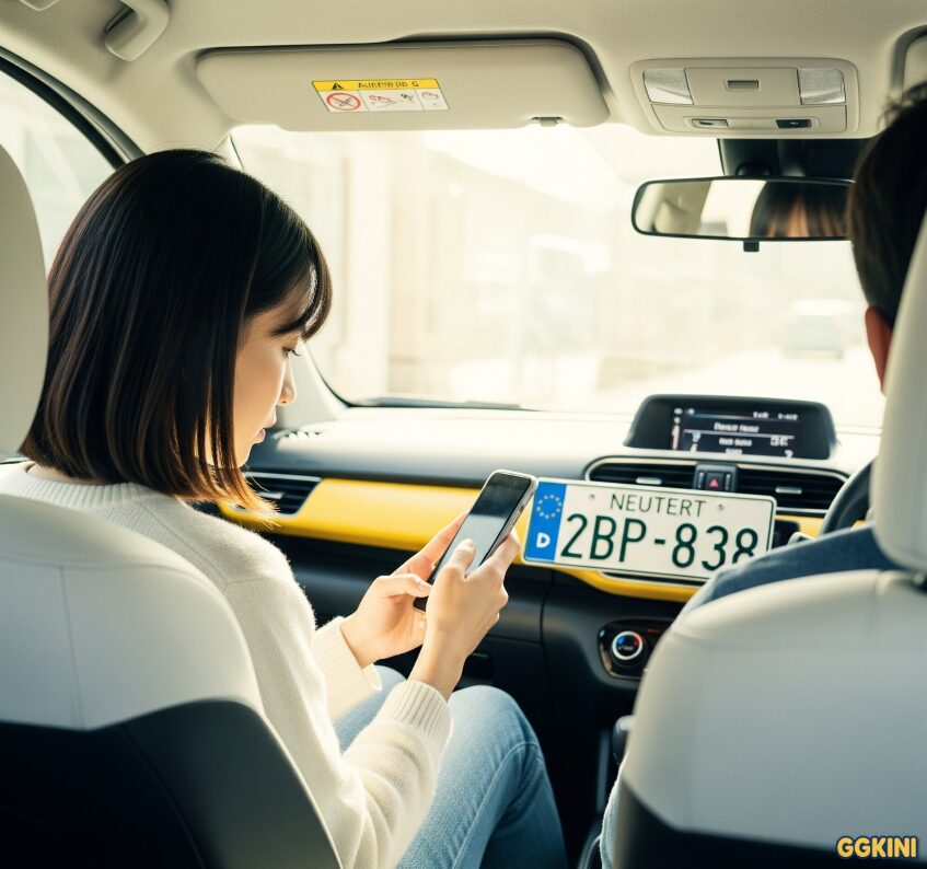 女生确认Grab司机车牌后才坐上车,保持安全距离