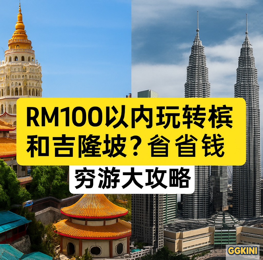 一张结合吉隆坡双子塔、槟城乔治市街头与背包客行李的旅游插图，展示预算旅行概念，中央有中文标题文字
