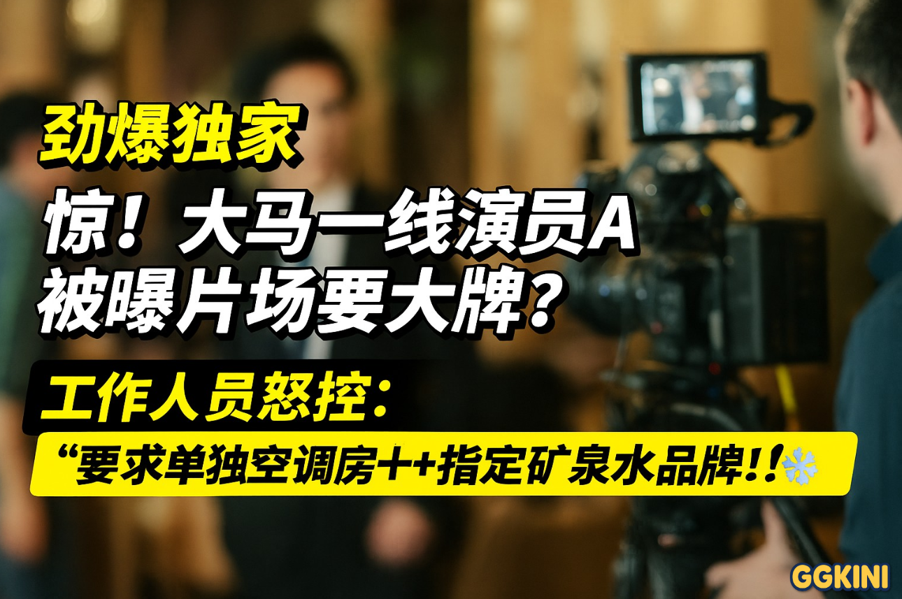 一位马来西亚演员身穿剧组服装、神情高傲地站在片场，背景为剧组工作人员、空调房与矿泉水道具，营造争议气氛