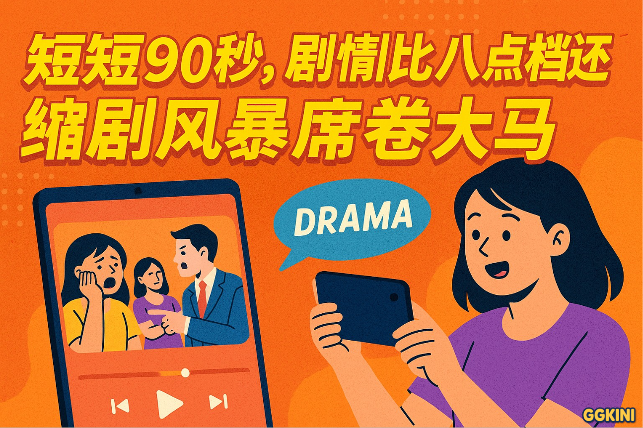 马来西亚 微剧 上瘾，一名马来西亚女性在手机上观看短剧，画面显示狗血剧情对白
