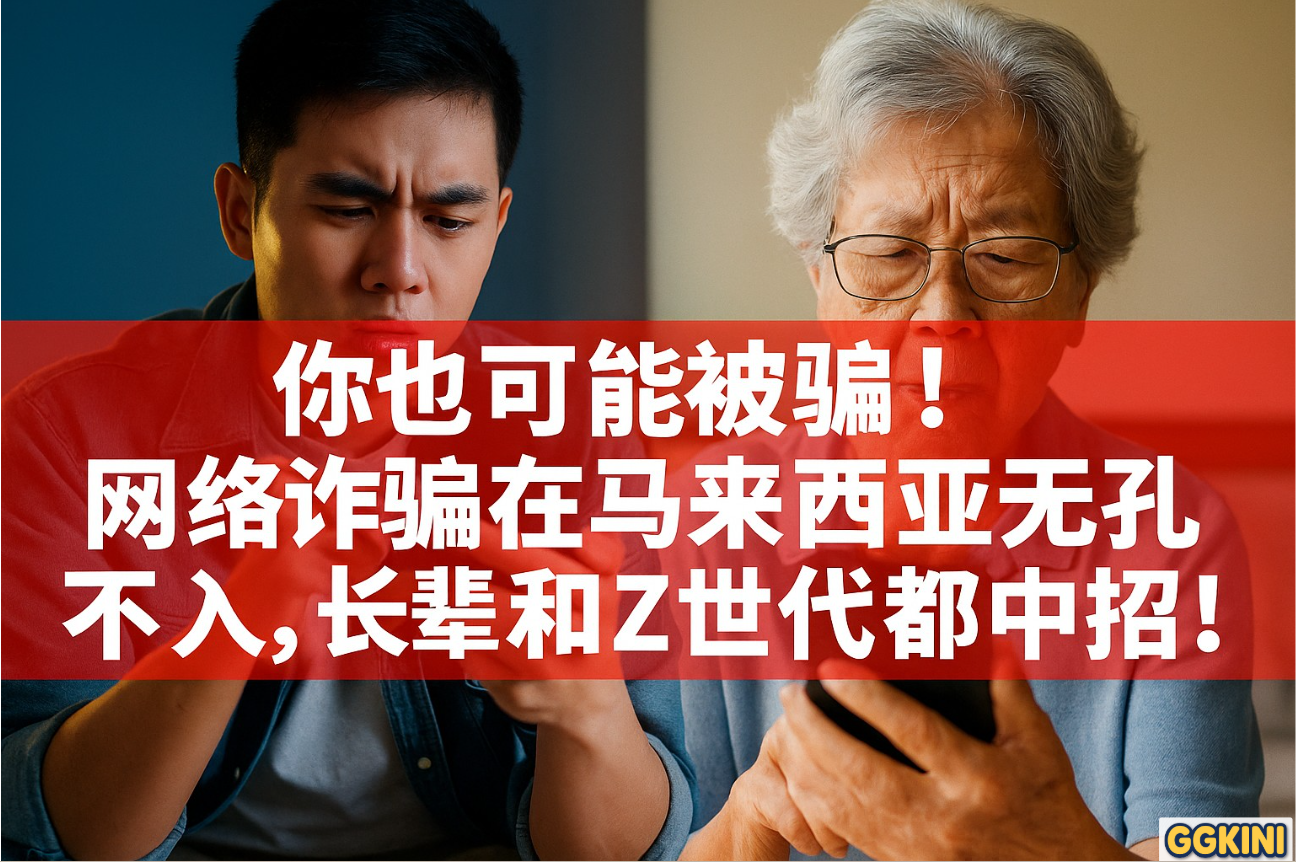 一张展示马来西亚年轻人与长辈同时查看手机，神情惊讶或困惑，背景有诈骗提示图标与警告标语，画面传达网络安全警觉氛围