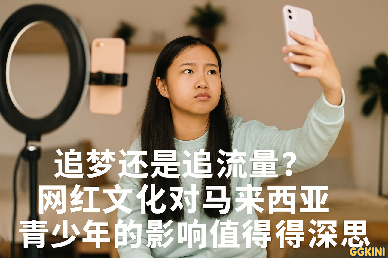 一位马来西亚青少年坐在手机与灯光设备前录制短视频，表情略显迷惘，背景为社交媒体图标与“追梦”与“追流量”的对比标语