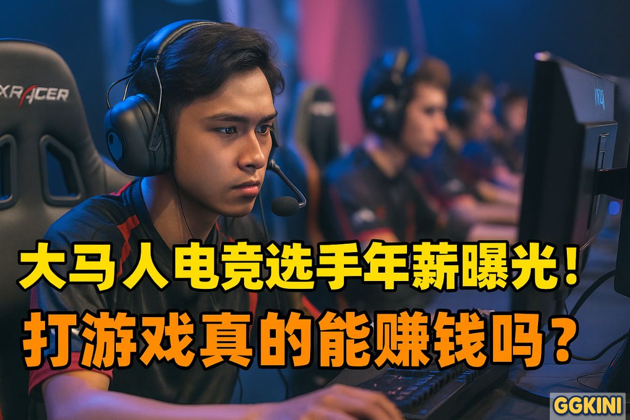 马来西亚职业电竞选手坐在电竞舞台前，身穿战队制服，手握电竞鼠标，背景为比赛现场灯光与奖金数字图示