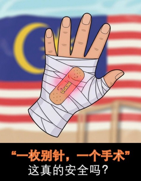 一根手指被马来西亚国旗徽章的别针刺伤，卡通风格画面呼吁关注安全隐患。