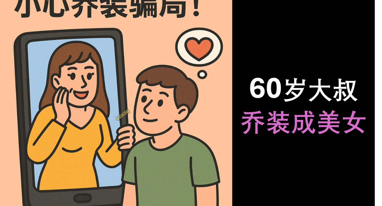 卡通风格插图中，一名男子看着手机中打扮成女性的60岁大叔形象，画面文字写着“小心乔装骗局！网传60岁大叔乔装成美女”。