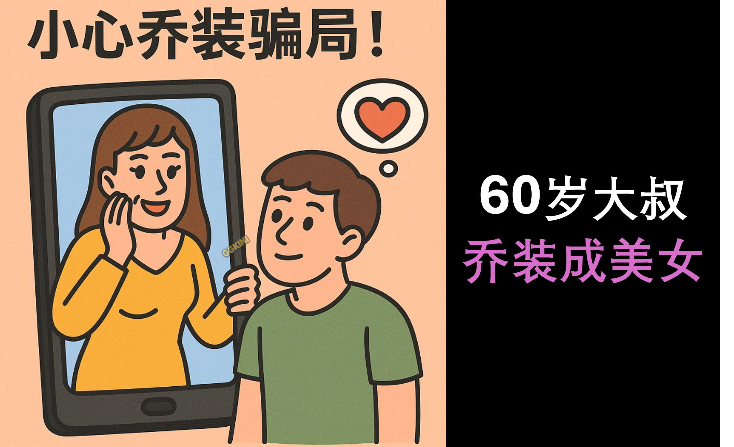 卡通风格插图中，一名男子看着手机中打扮成女性的60岁大叔形象，画面文字写着“小心乔装骗局！网传60岁大叔乔装成美女”。