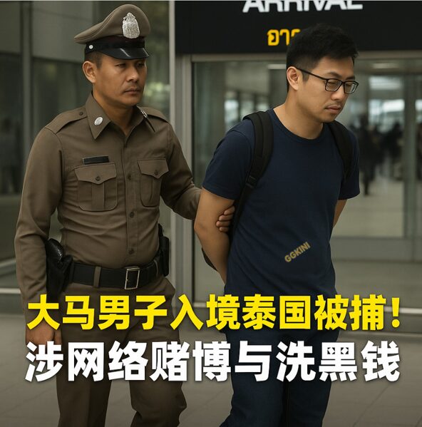 机场画面背景下，一名男子被警方带走，涉嫌网络赌博与跨国洗黑钱。
