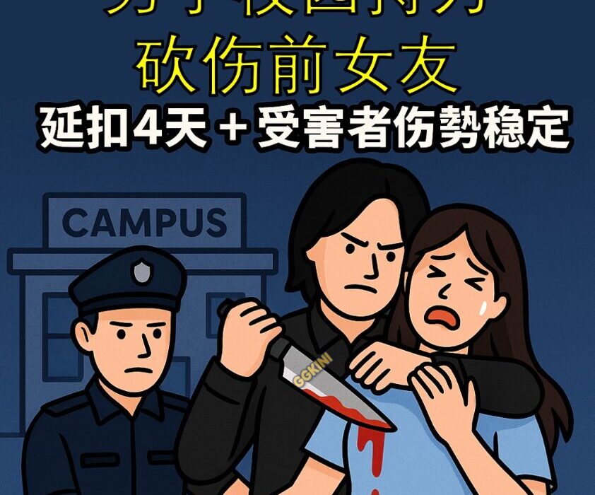 漫画风格中国男子校园持刀袭击前女友，警方押送背景