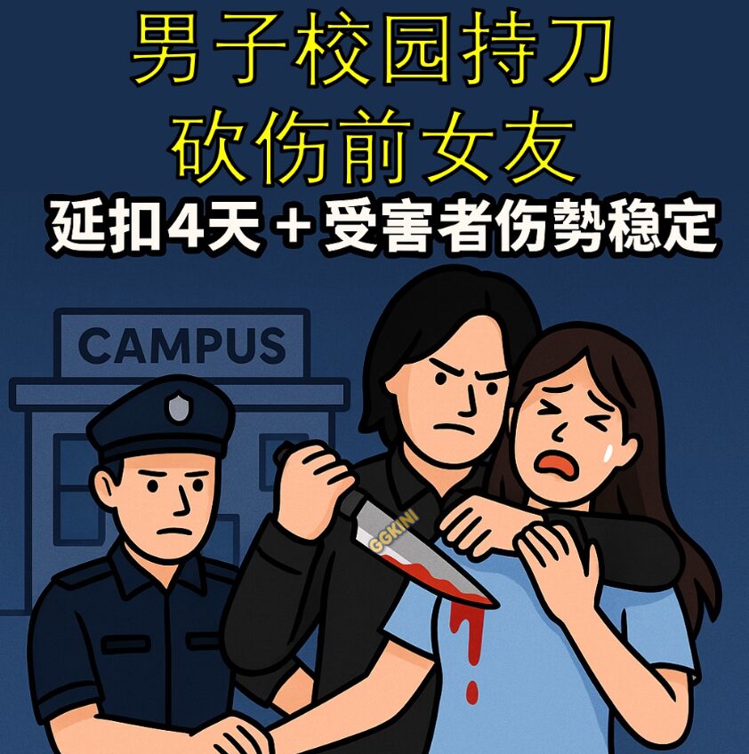 漫画风格中国男子校园持刀袭击前女友，警方押送背景