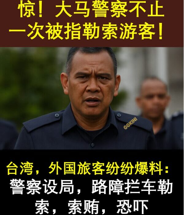 马来西亚警察被指勒索游客新闻封面，严肃表情警员特写