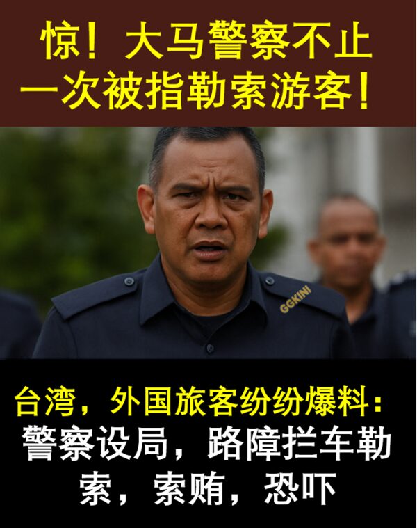 马来西亚警察被指勒索游客新闻封面，严肃表情警员特写