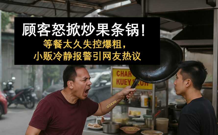 一名顾客在炒果条档口怒掀锅子，情绪激动对小贩大吼，背景为槟城街头实景。