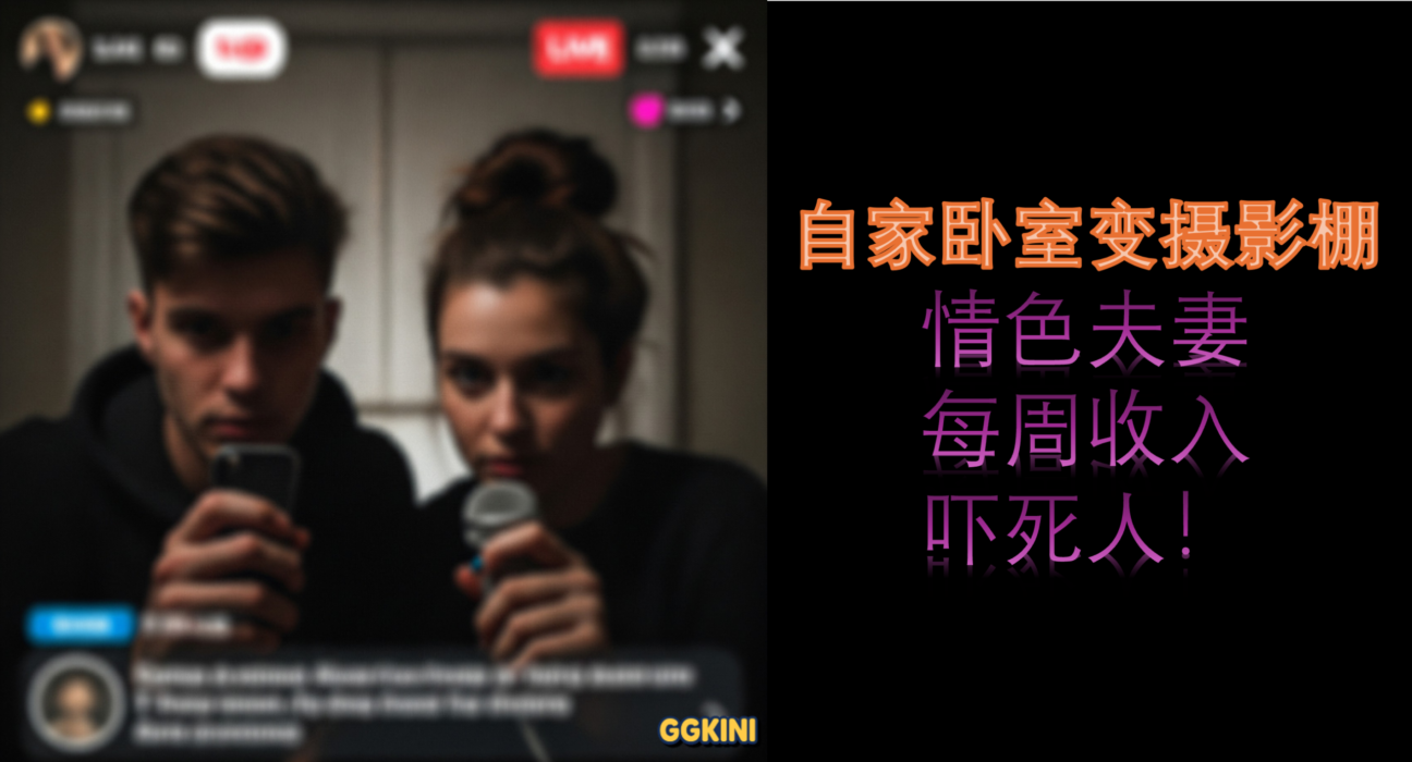 情侣面对镜头直播场景，配有标题文字“自家卧室变摄影棚 情色夫妻每周收入吓死人”