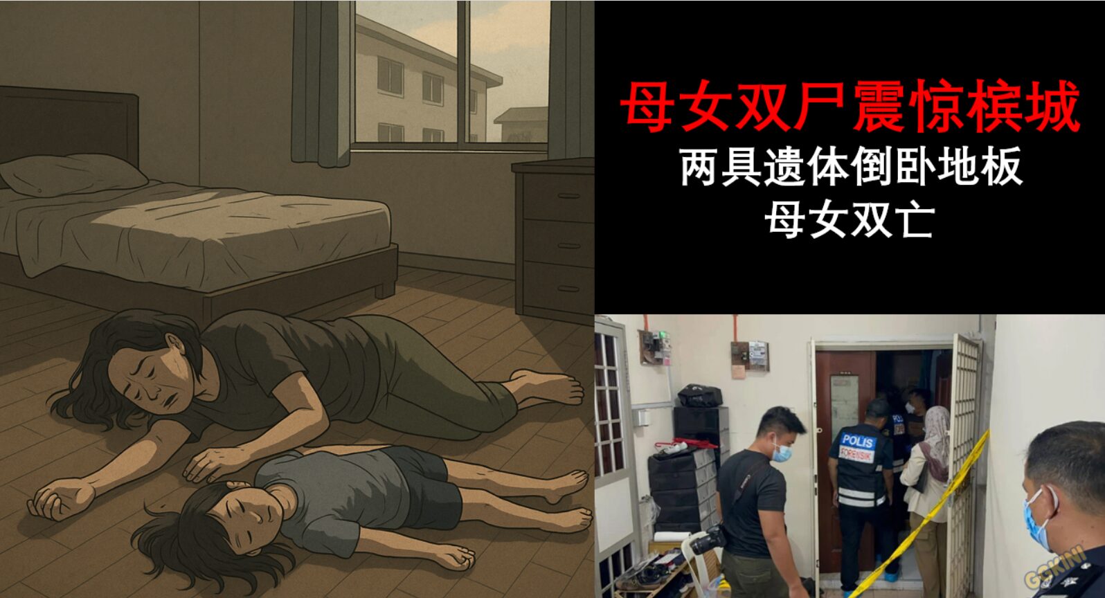 一幅半写实风格的数码插图，描绘母女两人倒卧在公寓单位地板上，场景阴暗，象征一起悲剧事件。