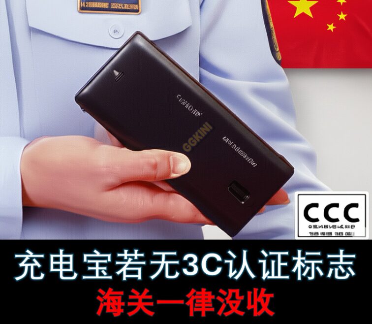 中国海关工作人员手持充电宝，背景有中国国旗与3C认证标志